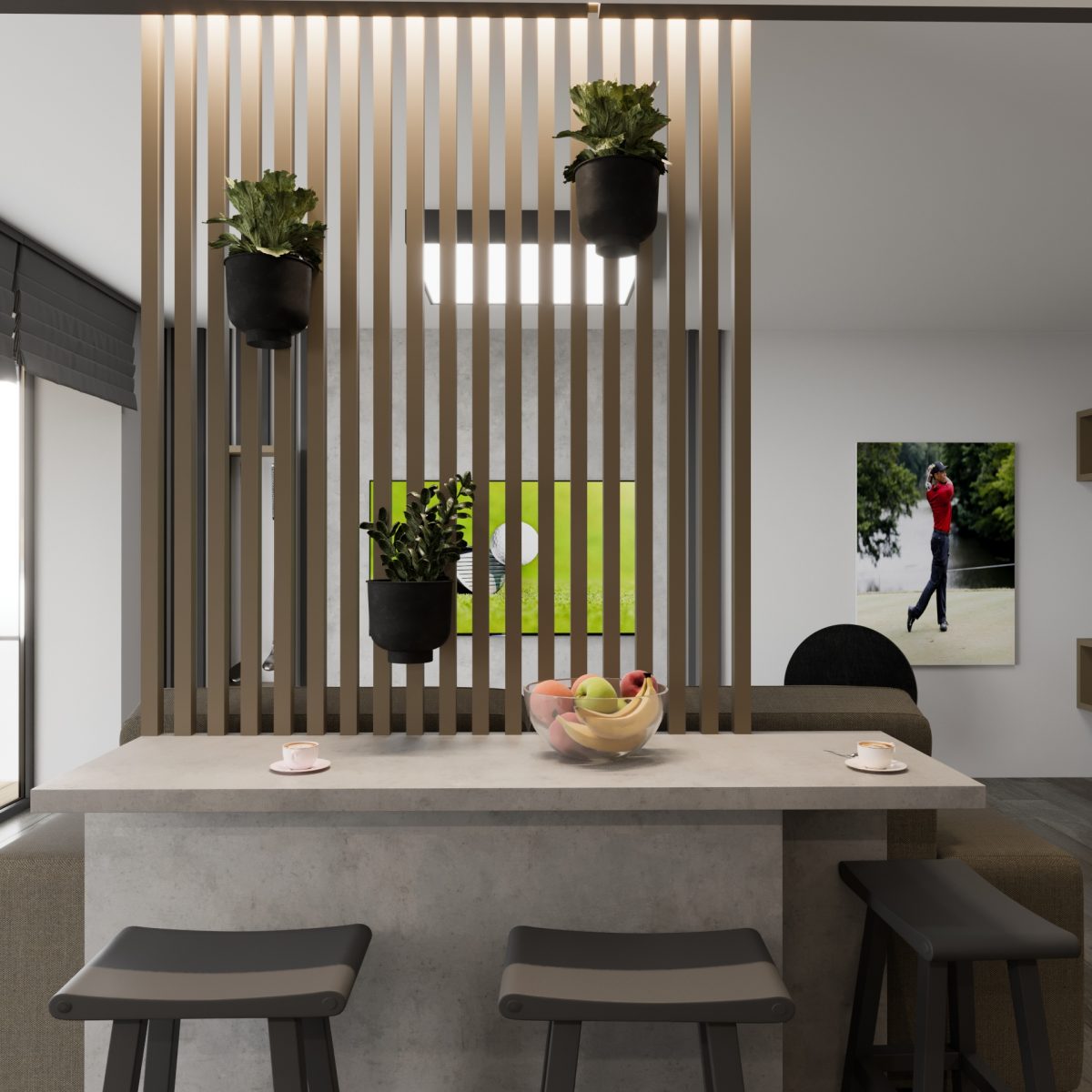 Návrh interiéru modernej obývačky s kuchyňou